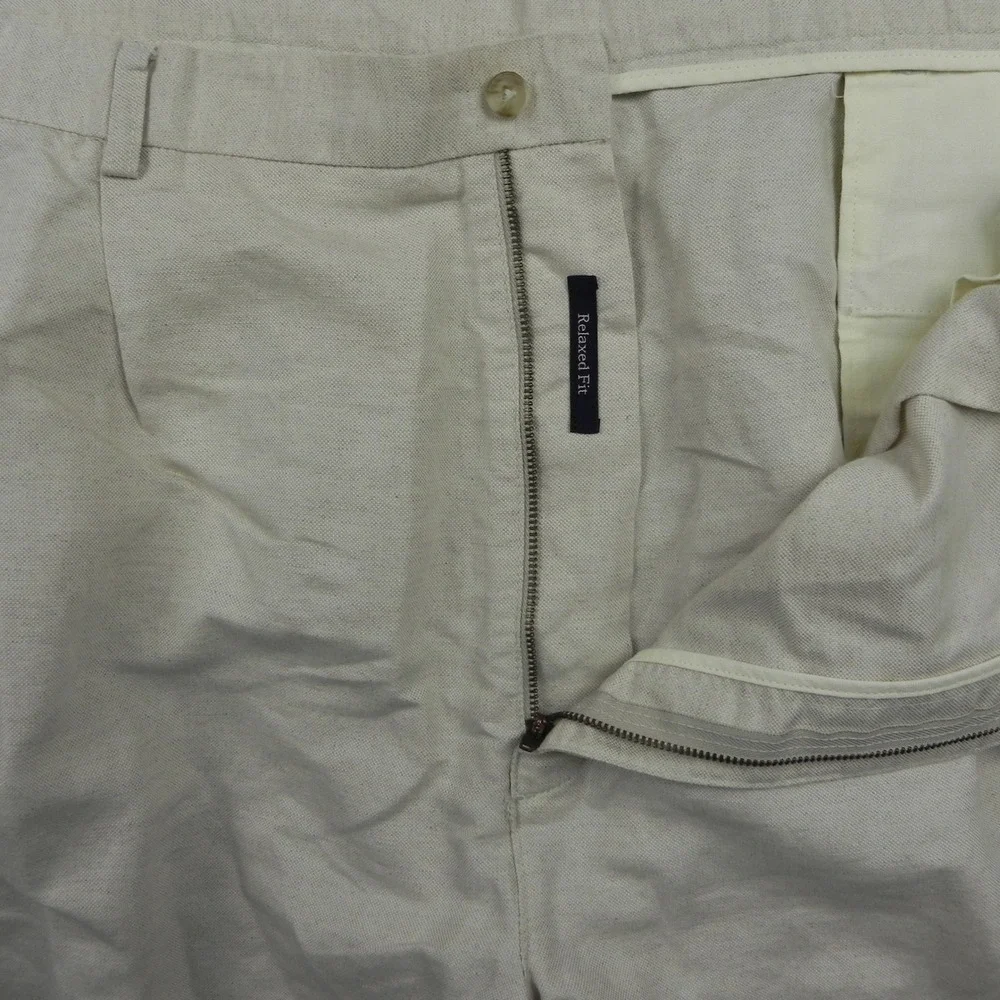 Roundtree & Yorke Pants Mens 44x30 Relaxed Fit Linen Cotton Pleated Cuffed Beige
